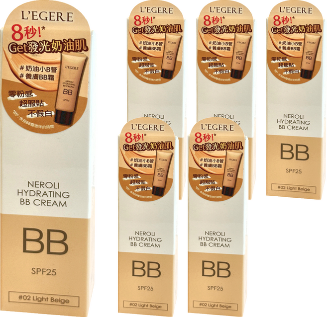L'EGERE 橙花原液保濕BB霜 SPF25 潤色遮瑕 保濕提亮 毛孔隱形 物理防曬, 02明亮色, 25ml, 6條