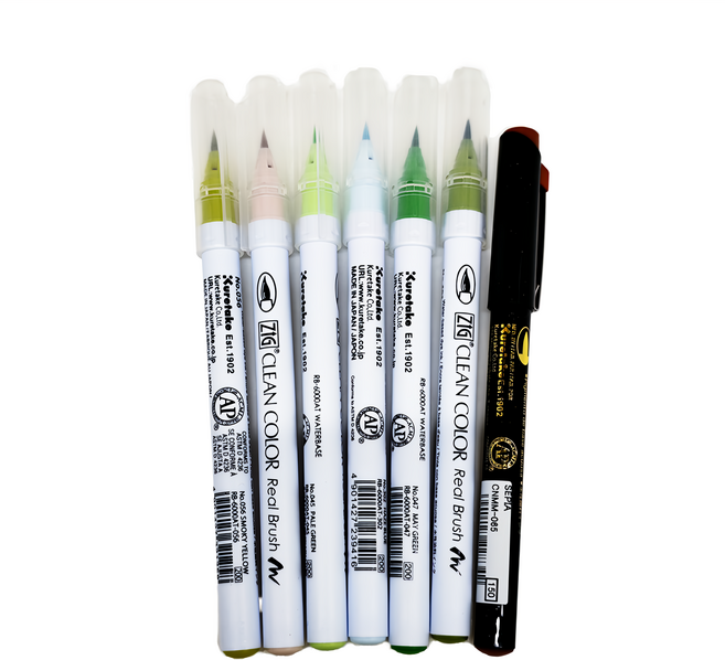 ZIG 彩繪毛筆七色套組 附代針筆 RBCN-7VK, 鮮花與綠葉, 7件