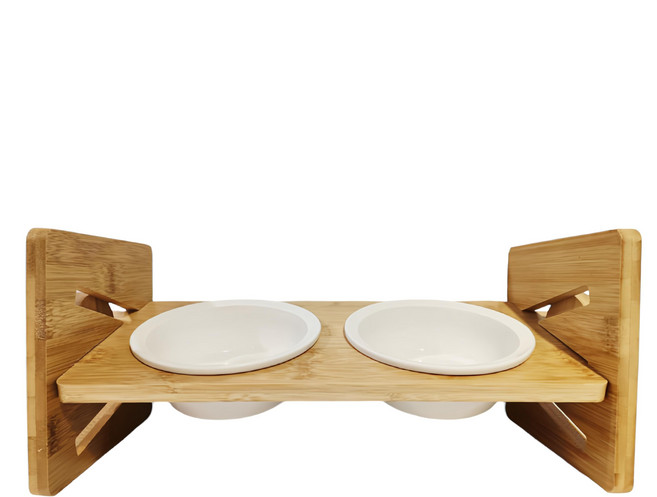 寵物夢工廠 木製可調雙碗 陶瓷碗 40 x 16 x 16cm, 木紋色, 1組