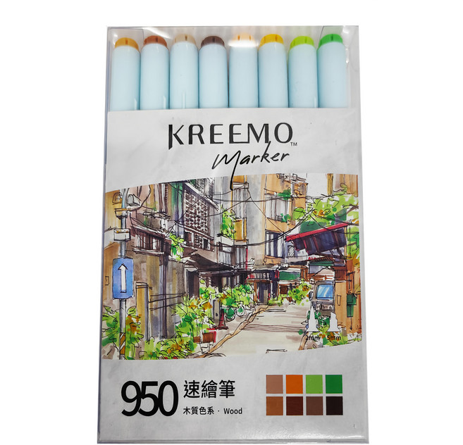 SIMBALION 雄獅 KREEMO 可瑞莫 950酒精性雙頭速繪筆組, 木質色系, 1盒, 8支