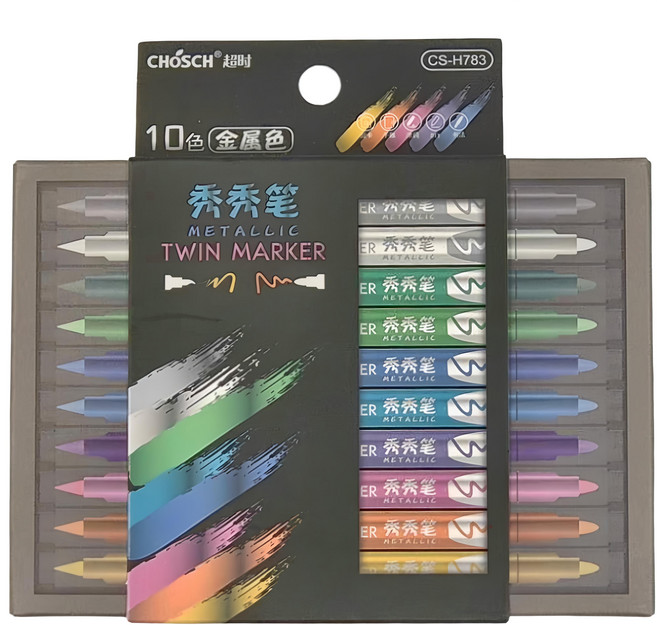 CHoSCH 超时 秀秀筆套裝 金屬色雙頭馬克筆, 10色, 1盒