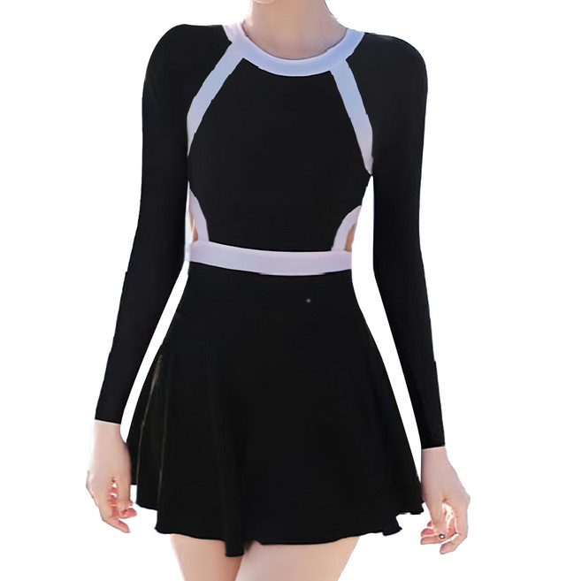 長袖挖背連體褲裙泳衣套裝 女, 黑色, 1組