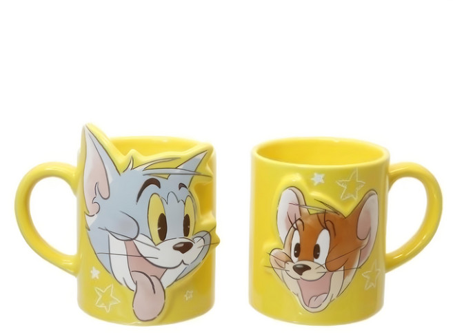sun art TOM & JERRY 馬克對杯 陶瓷材質 300ML x 2 可愛卡通造型, 黃色, 1組