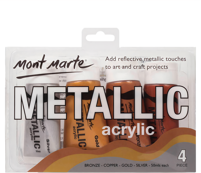 Mont Marte 蒙瑪特 金屬色壓克力顏料套組 含青銅色、銅色、金色、銀色, 50ml, 4色