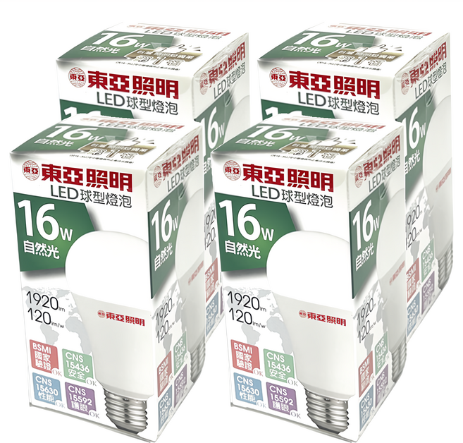 TOA 東亞照明 LED球型燈泡 16W 自然光 1920流明 E27燈頭, 4個