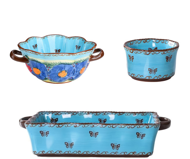 歐陸瓷具 手工彩繪波蘭風雙耳大烤盤 + 烤盅 Set 2個 - A款琉璃藍, 琉璃藍色, 1組