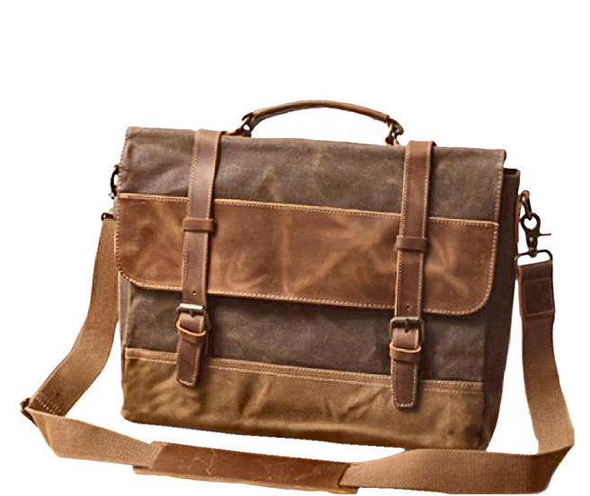 過蠟防潑水帆布配頭層瘋馬牛皮男士肩背手提包 CLB03 1.2kg, 咖啡色