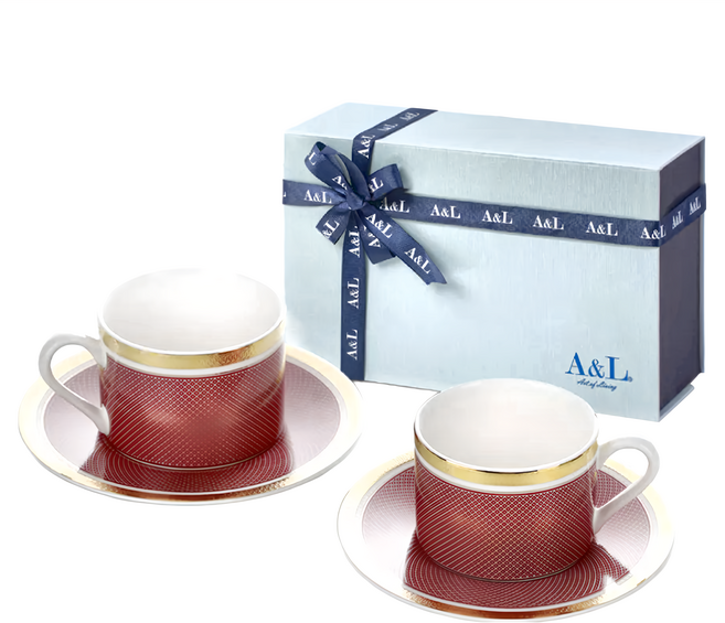 A&L 骨瓷咖啡對杯禮盒組, 皇家酒紅 紅色, 1組