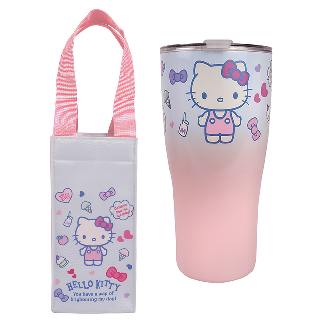 Sanrio 三麗鷗 Hello Kitty 曲線杯保溫提袋組 KT-11201-HBB 杯身10 x 8 x 20.2cm + 杯袋10 x 10 x 34cm, 甜點 粉色 + 藍色, 900ml, 1組