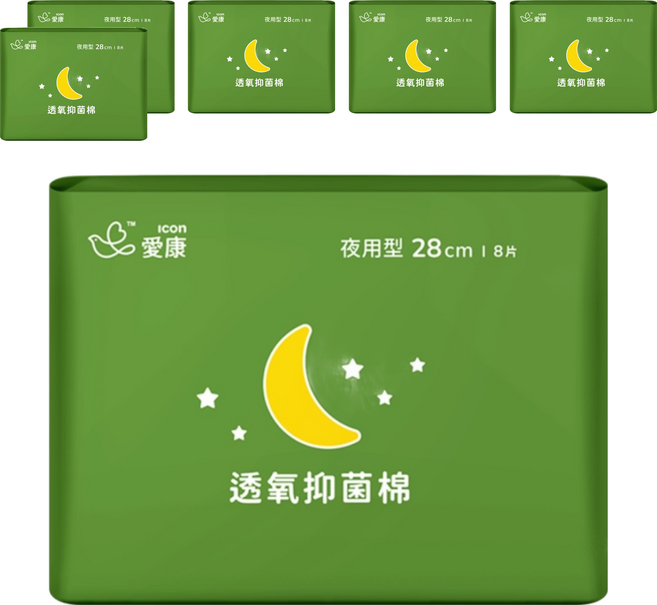 icon 愛康 透氧抑菌棉 衛生棉, 夜用型(28cm), 8片, 6包