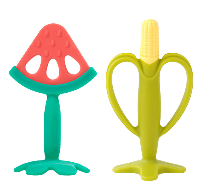 BABY&I 造型矽膠固齒器組 3個月以上, 2個固齒器 + 2個收納盒, 西瓜 + 玉米, 1組