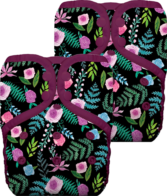 THIRSTIES成長型口袋式布尿布 一般款 壓扣 適合0-36個月的寶寶, Floribunda 黑色 + 紫色, 2件