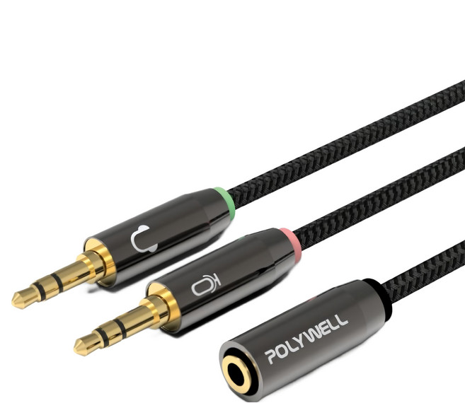 POLYWELL 寶利威爾 AUX 3.5mm 4極音源轉接線 1母2公 25cm, PW15-W52-A005, 黑色, 1條