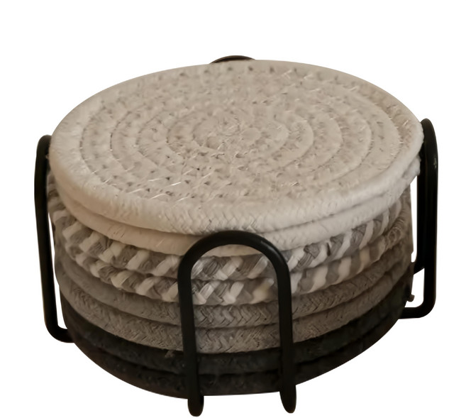 螺旋棉線杯墊組 8片杯墊+鐵架, 灰色 + 黑色, 1組