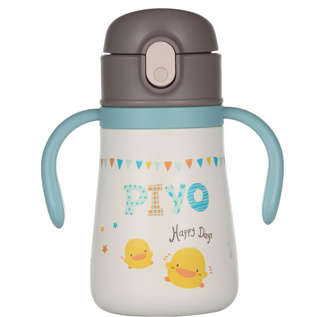 PiYOPiYO 黃色小鴨 彈跳吸管握把不鏽鋼保溫杯, 黃色小鴨 棕色 + 白色, 360ml, 1個