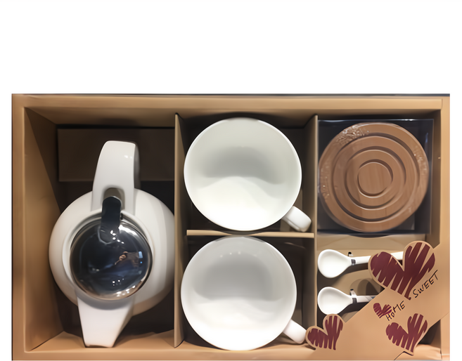 TATUNG 大同磁器, 1組, 茶壺 + 杯子 2個 + 湯匙 2個 + 杯墊 2個, 白色 + 灰色 + 黑色