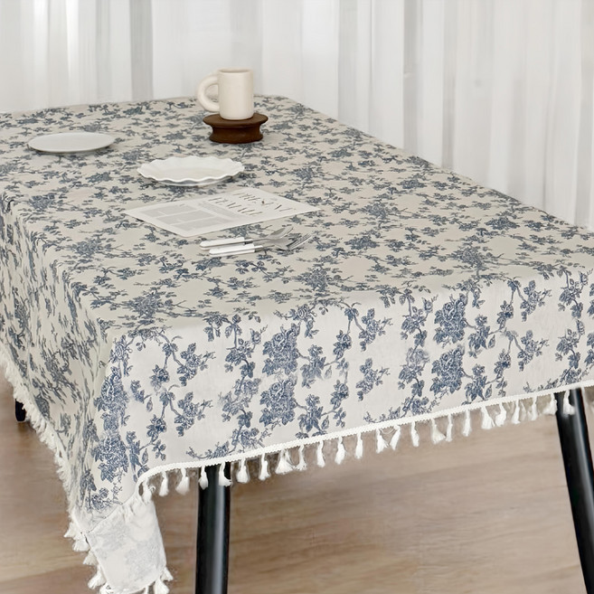 法式復古桌布, 140 x 180cm, 流蘇收邊款 白色 + 藍色, 1個