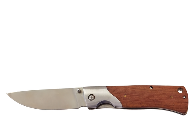 Gamakatsu Luxxe魚刀 不銹鋼摺疊刀 LE-122 11.5cm刀長 22.5cm全長 帶安全鎖和木質手柄, 銀色 + 原木色, 1支