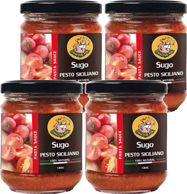 DANCING PIG 豬跳舞 Pesto Siciliano 西西里日曬番茄紅醬 100%義大利原裝進口 絕不含防腐劑, 180g, 4罐