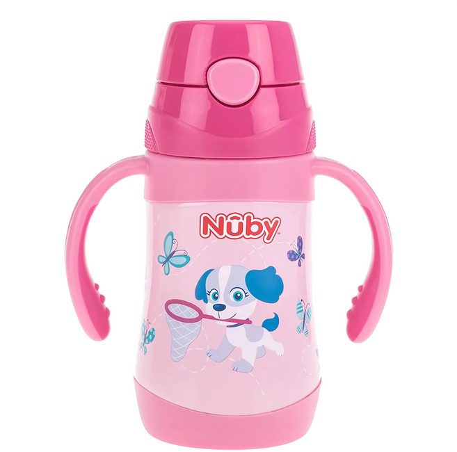 Nuby 不銹鋼真空學習杯 細吸管, 花漾犬 粉色, 280ml, 1個