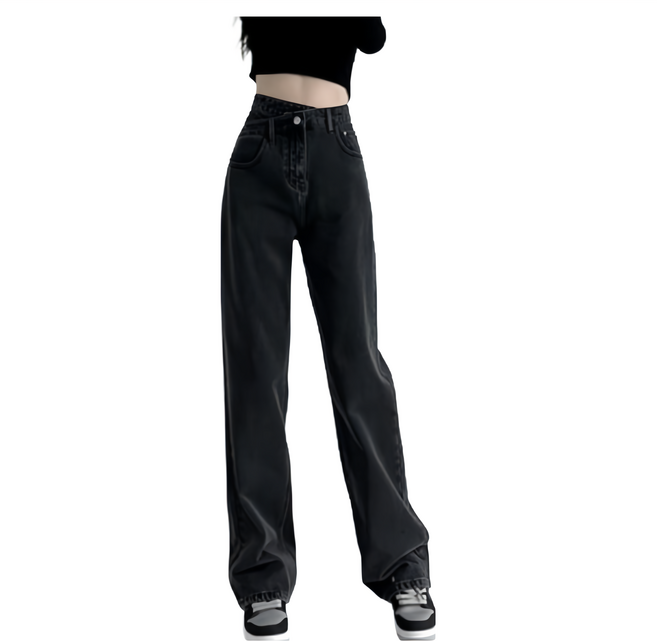 女款 錯位交叉顯瘦直筒牛仔寬褲