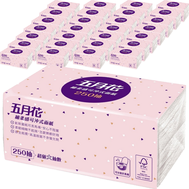 五月花 細柔感可冲式面紙 250抽, 1入, 36包