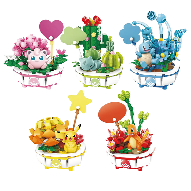 KEEPPLAY奇妙積木 寶可夢盆栽系列積木 全套五件組, 皮卡丘 + 小火龍 + 傑尼龜 + 妙蛙種子 + 胖丁 多色, 1組