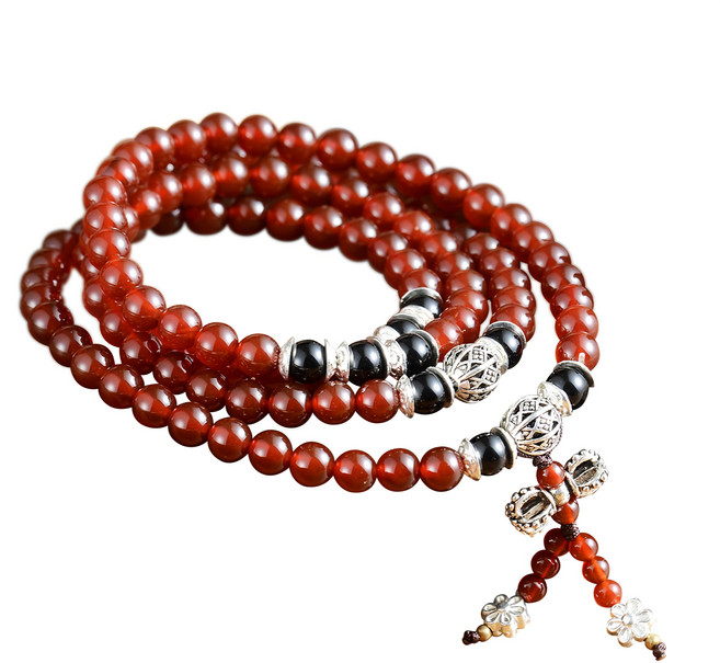 財神小舖 108珠紅玉髓藏銀手鍊 手圍15.5~16.5cm 珠子6mm, 紅玉髓 + 黑玉髓, 1條