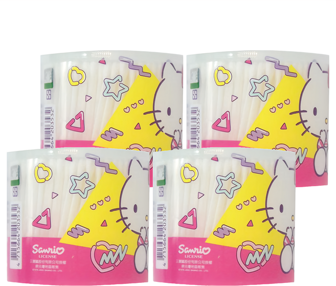 Hello Kitty 凱蒂貓 塑軸棉花棒 300支 100%純棉雙頭 聚丙烯塑膠軸桿, 4罐