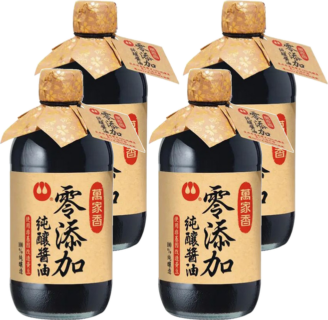 萬家香 零添加 純釀醬油 使用非基因改造黃豆 100%純天然釀造 450ml 玻璃瓶裝, 4瓶