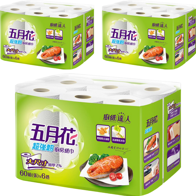 五月花 超強韌廚房紙巾 60張, 6捲, 3袋