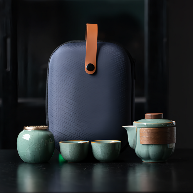 哥窯 悠遊五件式茶具組 旅行組, 茶壺 + 茶罐 + 茶杯 + 收納包, 1組
