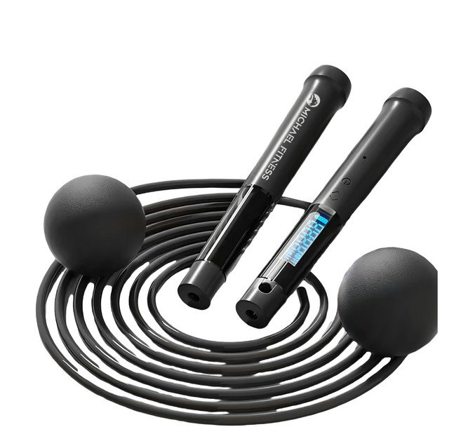 MICHAEL FITNESS 麥克健身 兩用跳繩 膠球 + 長繩 曜石黑 智能計數 破風跳繩 Type-C充電, 1組