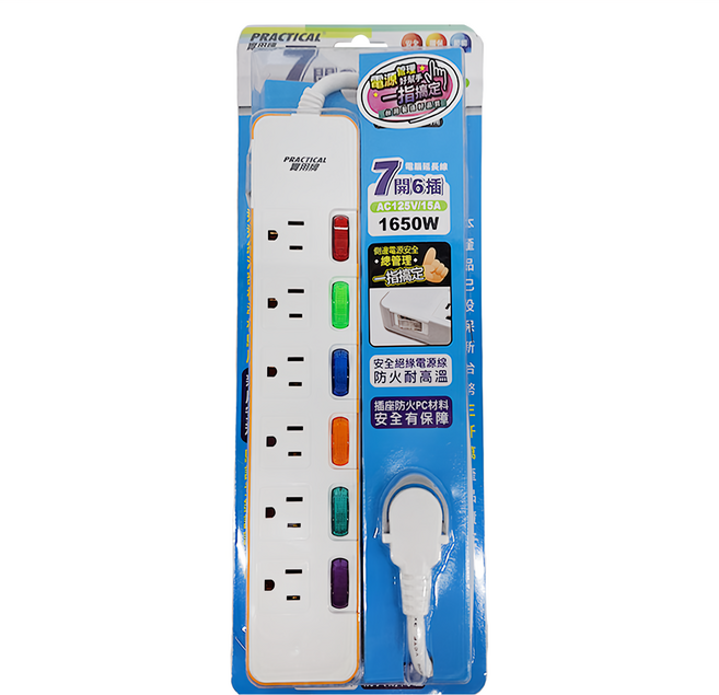 PRACTICAL 實用牌 7開6插電腦延長線 PNA376-15, 白色, 1條, 4.5m(15尺)