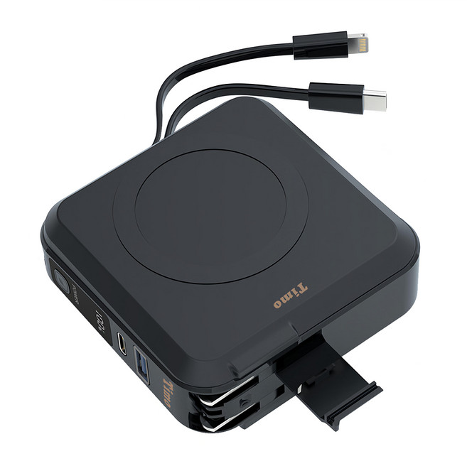 Timo 五合一PD快充自帶線磁吸行動電源 10000mAh 原廠保固, 蒼勁黑, Timo-501B