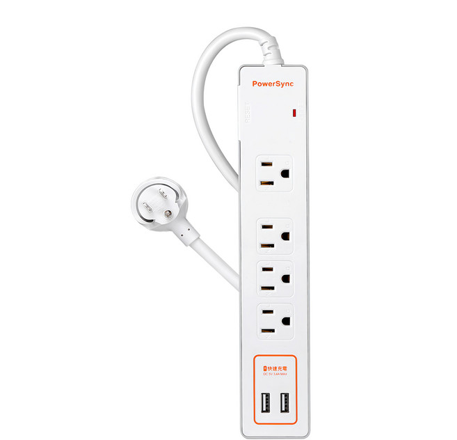PowerSync 群加 USB 2埠 + 1開防雷擊延長線 4孔 TPS314GB9018A, 1.8m, 白色, 1條