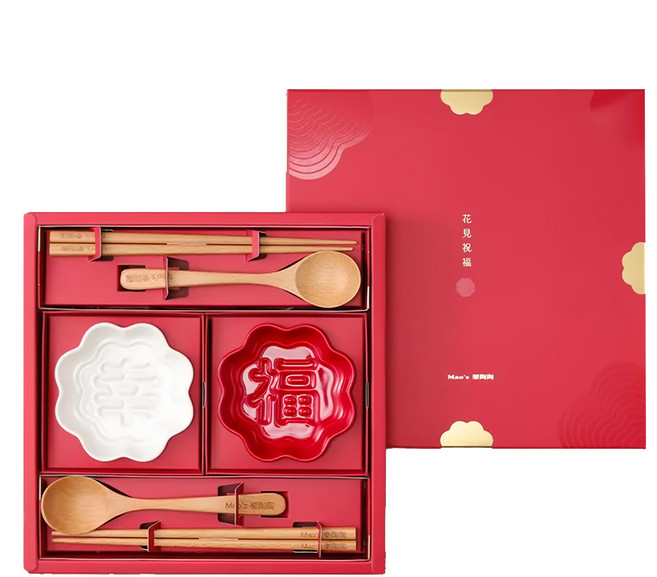 Mao's 樂陶陶 花見祝福顯影醬油碟湯筷禮盒組, 幸福 白色 + 紅色, 1組