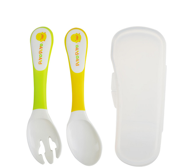 PiYOPiYO 黃色小鴨 學習湯叉組 易於插取、舀取食物 符合人體工學設計 防滑、易握 攜帶方便, 叉子 + 湯匙 + 收納盒, 黃色 + 綠色 + 白色, 1組