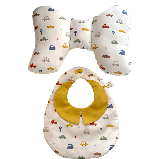 Lianne Baby 梨安舞兜小裁縫 韓國有機棉 嬰兒禮物 蝴蝶枕 紳士領圍兜 玩具汽車 600g, 芥黃, 1組, 2個