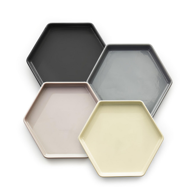PRELUDE 六角餐盤4件組, 1組, 4個六角餐盤, 粉色 + 米白色 + 灰色 + 炭黑色