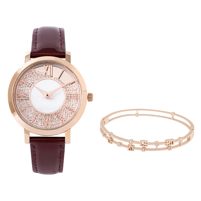RADIANT STAR 璀璨之星 女人愛美愛自己漫步羅馬1+1禮盒手錶鈦鋼手環2件組