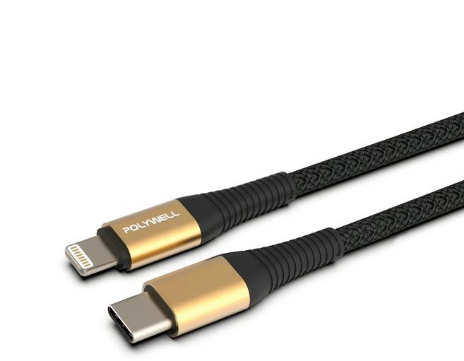 POLYWELL 寶利威爾 Type-C Lightning 蘋果PD快充編織線 iPhone PW15-W45-A287, 1m, 金色, 1條