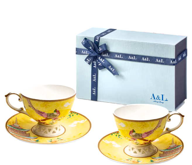 A&L 骨瓷咖啡對杯禮盒組, 五福報喜 黃色, 1組