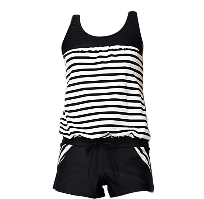 TRAVEL FOX 二件式泳衣 附泳帽 活動式罩杯, 黑色 + 白色