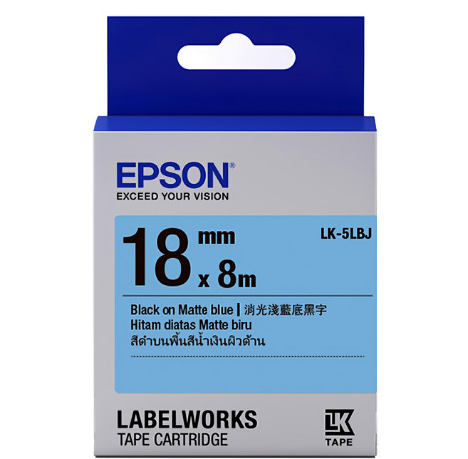 EPSON 消光霧面系列 標籤帶 18mm, 8m, 淺藍底黑字
