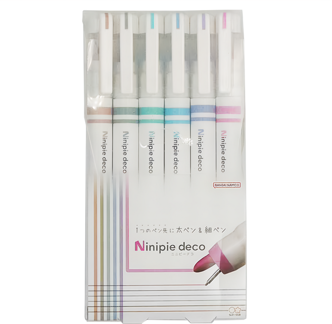 sun-star Ninipie deco 粗細雙頭兩用代針筆/圓頭螢光筆 六件組, 夏晴, 1組