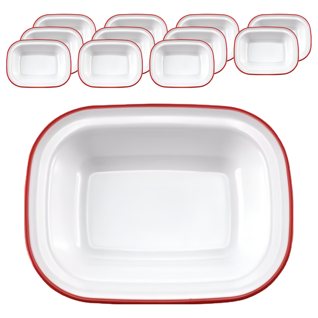 TATUNG 大同磁器 琺瑯長方深碟 9吋 餐盤組, 純白色 + 紅邊, 1組