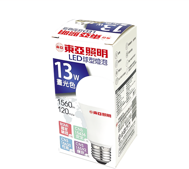 TOA 東亞照明 LED球型燈泡 13W 1560lm 120lm/W, 晝光色, 4個