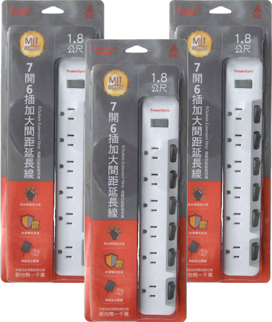 PowerSync 群加 7開6插防雷擊抗搖擺加大間距延長用電源線組 3孔 TS76B918 479g, 1.8m, 白色, 3條