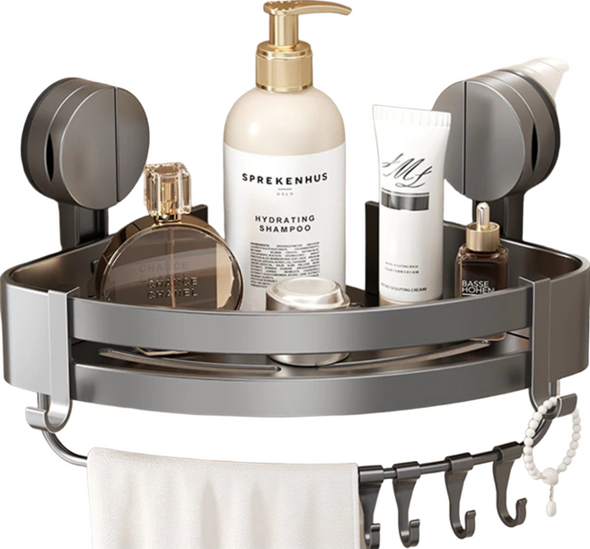 吸盤浴室置物架 三角架帶桿帶鉤 吸盤款, 灰色, 1個